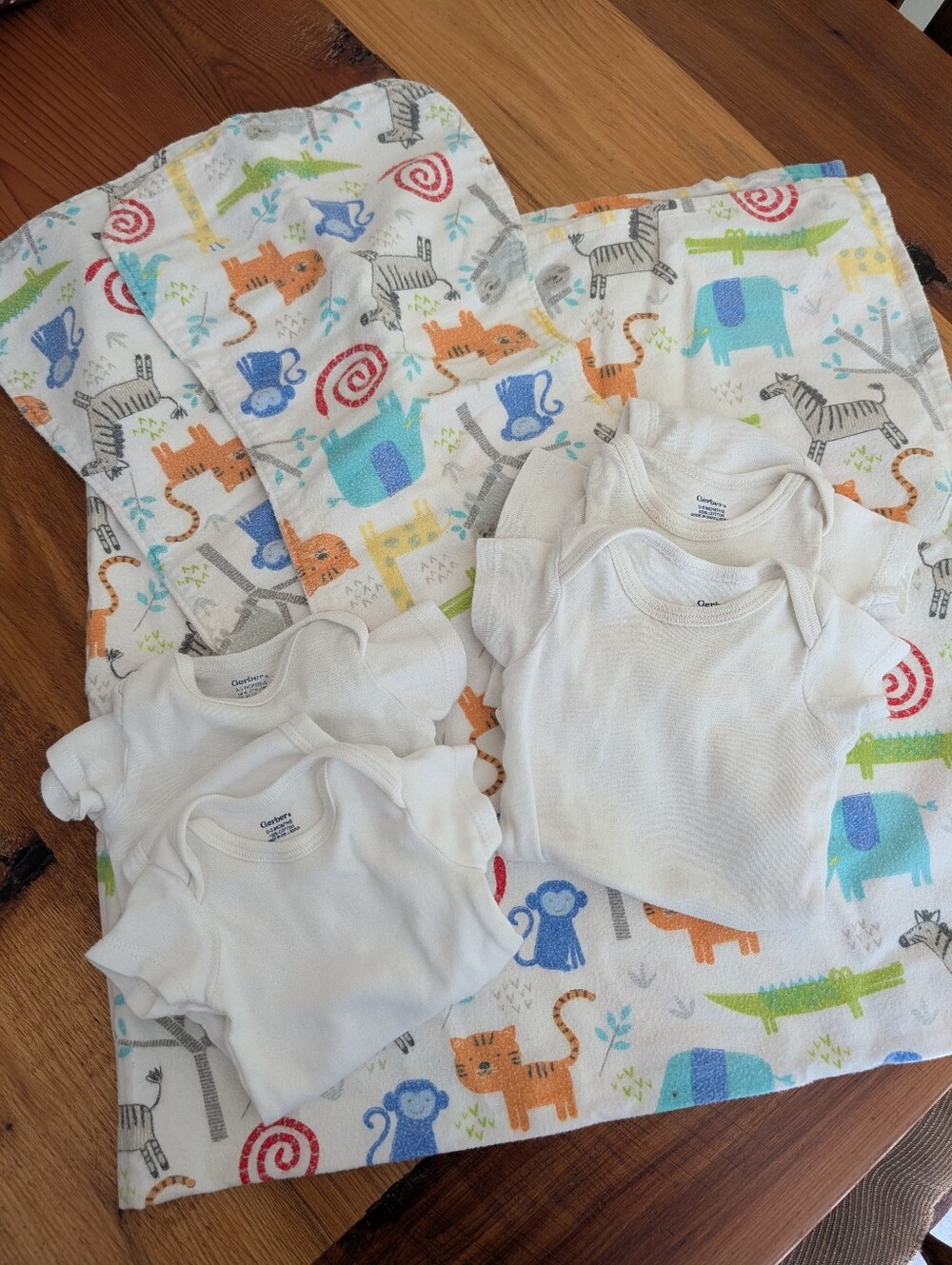 White Baby Onesies Set with Colorful Animal Soft Cotton Swaddle And Burp Cloths